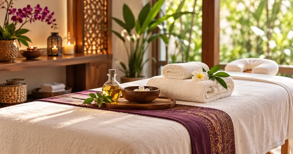 Serene massage studio with prepared table, towels and massage oil